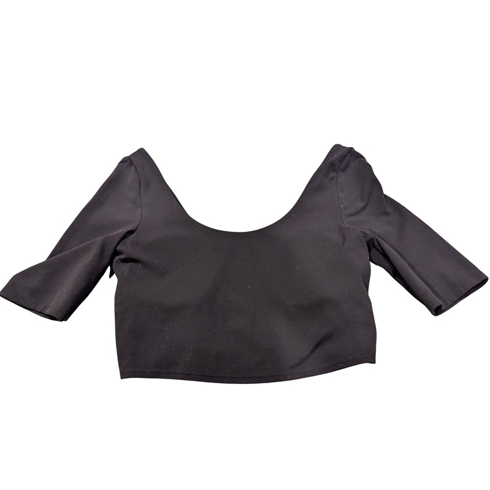 Athleta Trancend Crop Top XS Black Scoop Neck Elbow Sleeve Shelf Bra Yoga  Gym